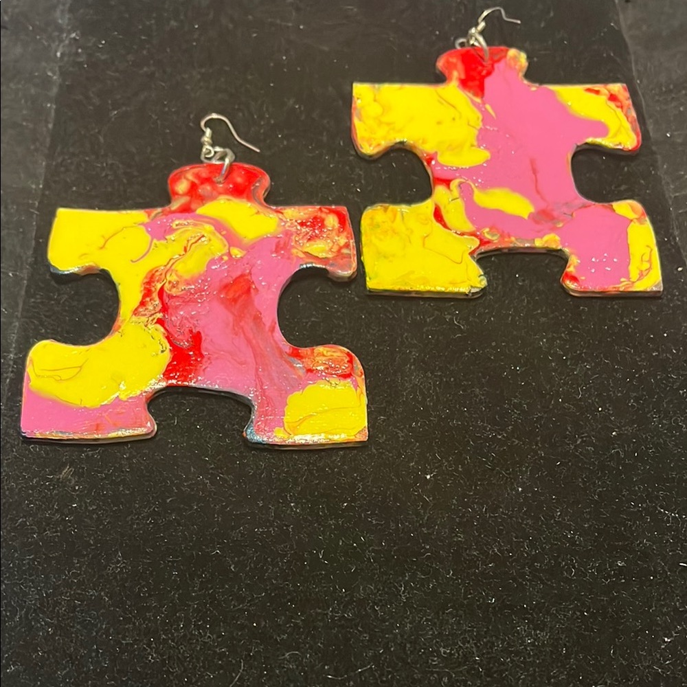 Exclusive Unique Rare Handmade  One of a Kind Colorful Puzzle Piece Earrings